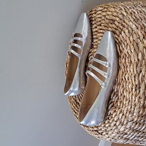 Veronica Beard Womens Nola Strappy Metallic Silver Leather Mary Jane Flats S-7.5